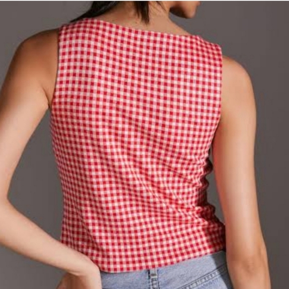 Anthropologie Red White Eva Franco Gingham Bow Sleeveless Top medium - Picture 3 of 12